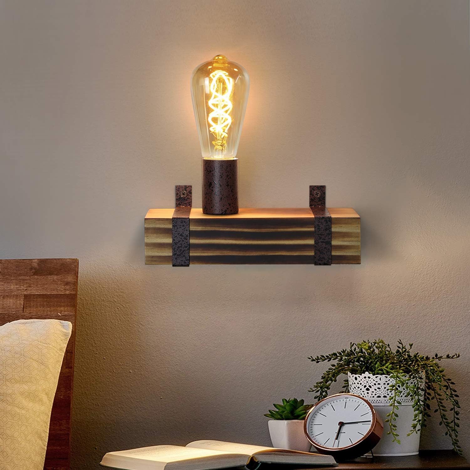 NETTLIFE Vintage - seinävalaisin, E27 Retro, Puinen Seinävalaisin, 23 CM, Teollinen Muotoilu, Seinäkohdevalaisin Kannalla, Max 40W, Olohuoneeseen