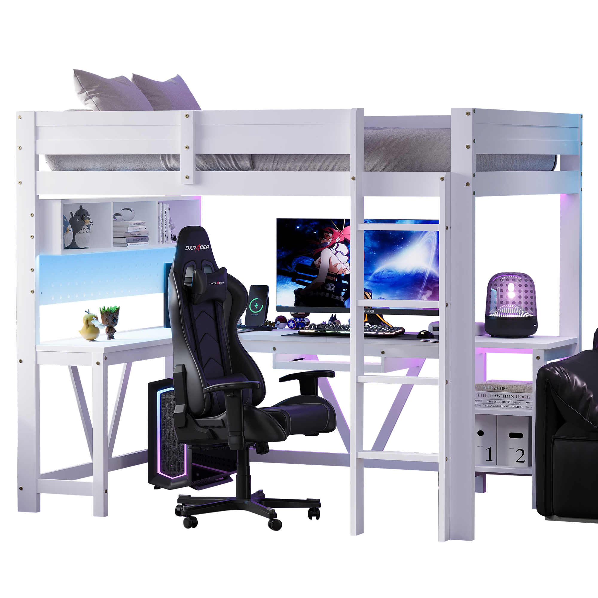 Peliparvi-sänky, 90x200 cm, puu, pöytä, hyllyt, LED, laturi, valkoinen