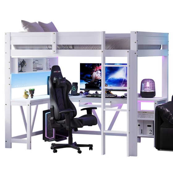 Peliparvi-sänky, 90x200 cm, puu, pöytä, hyllyt, LED, laturi, valkoinen