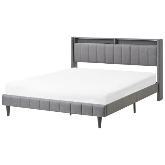 Sänky LED-valoilla kangas BEAULIEU 160 x 200 cm USB-portilla säilytystila Tummanharmaa