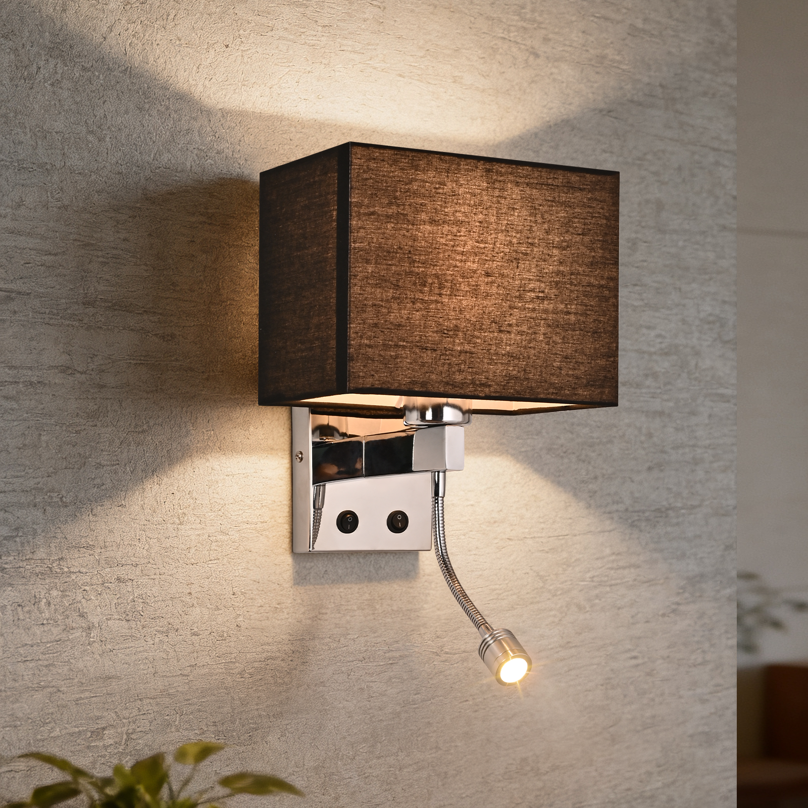 ZMH 360° säädettävä musta makuuhuoneen seinävalaisin kangasvarjostimella, E27 LED, kytkin hotelliin, eteiseen, sänkyyn