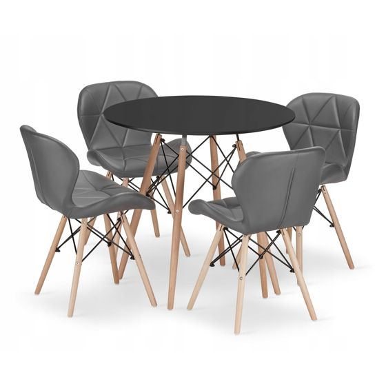 TODI 80 pyöreä pöytä, musta, 4 LAGO-tuolia, harmaa