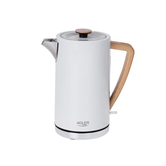 Adler AD 1347w sähkövedenkeitin, 2200 W, 1,5 L, ruostumatonta terästä, valkoinen, 360° kääntyvä jalusta.