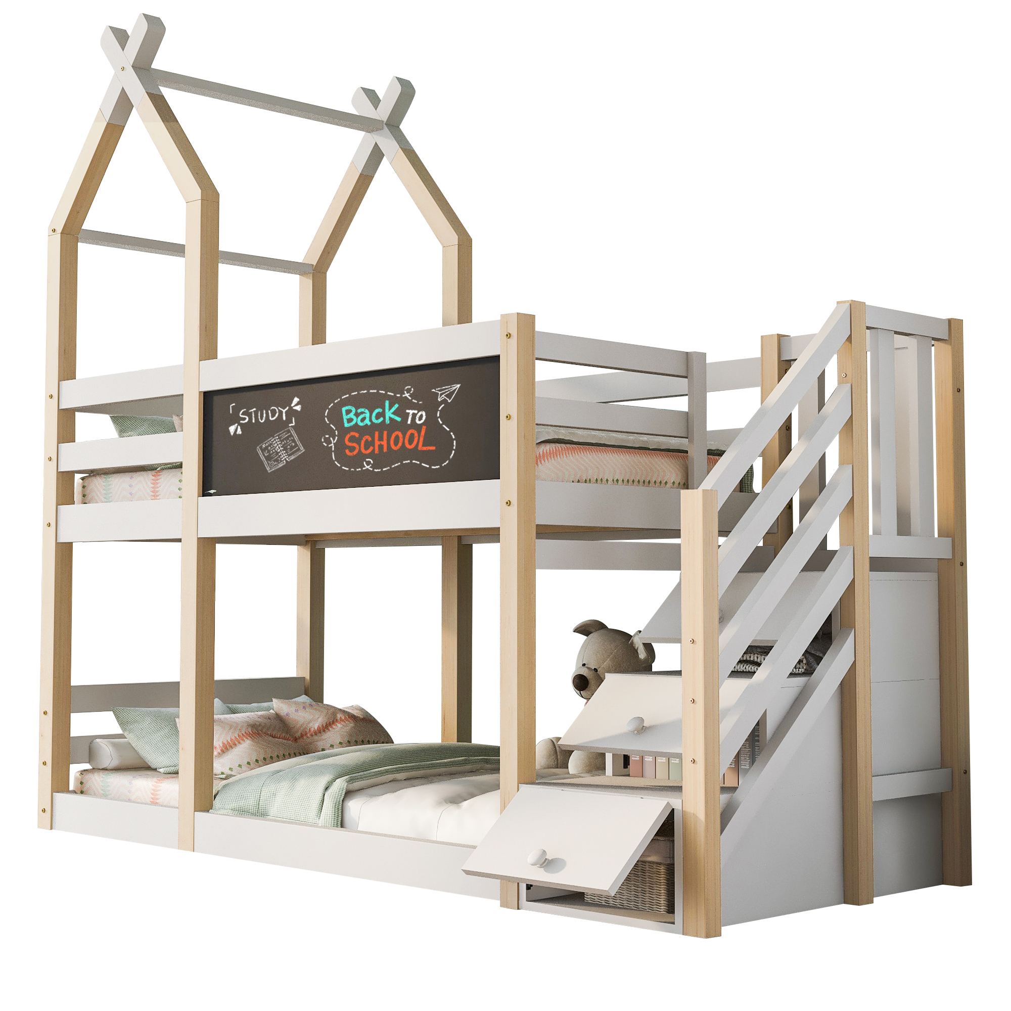 Etagen sänky 90x200 cm turva-aidat säilytystila ja taulu valkoinen puinen ja MDF