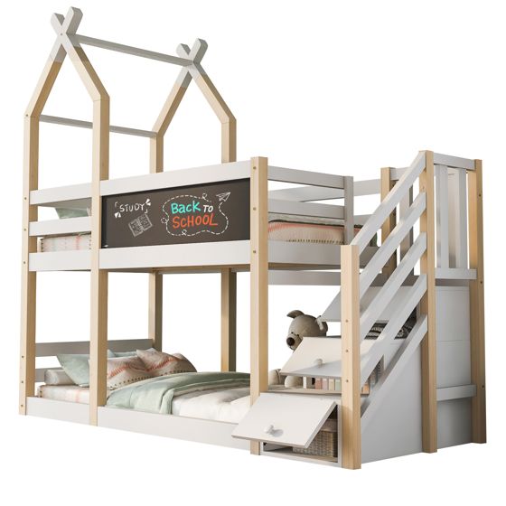 Etagen sänky 90x200 cm turva-aidat säilytystila ja taulu valkoinen puinen ja MDF
