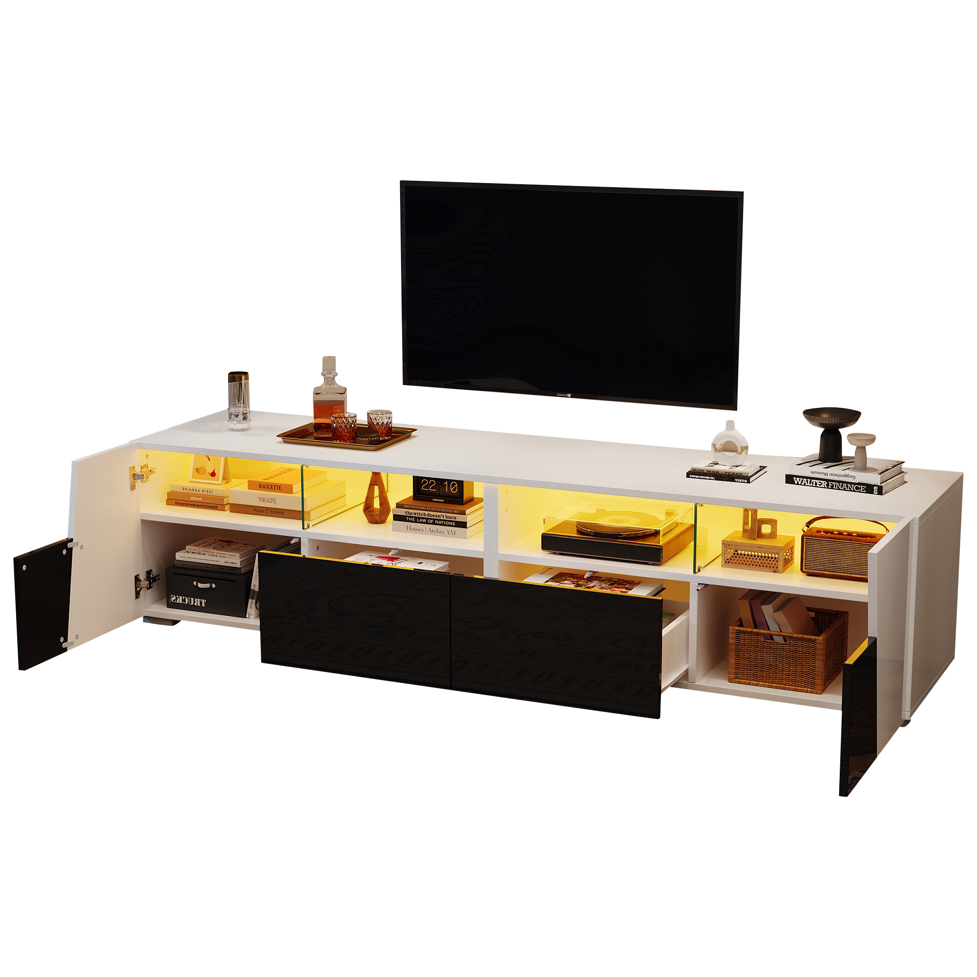 TV-taso 180x38,5x45 cm valkoinen ja musta MDF ja lasi säilytyksellä ja LED-valaistuksella