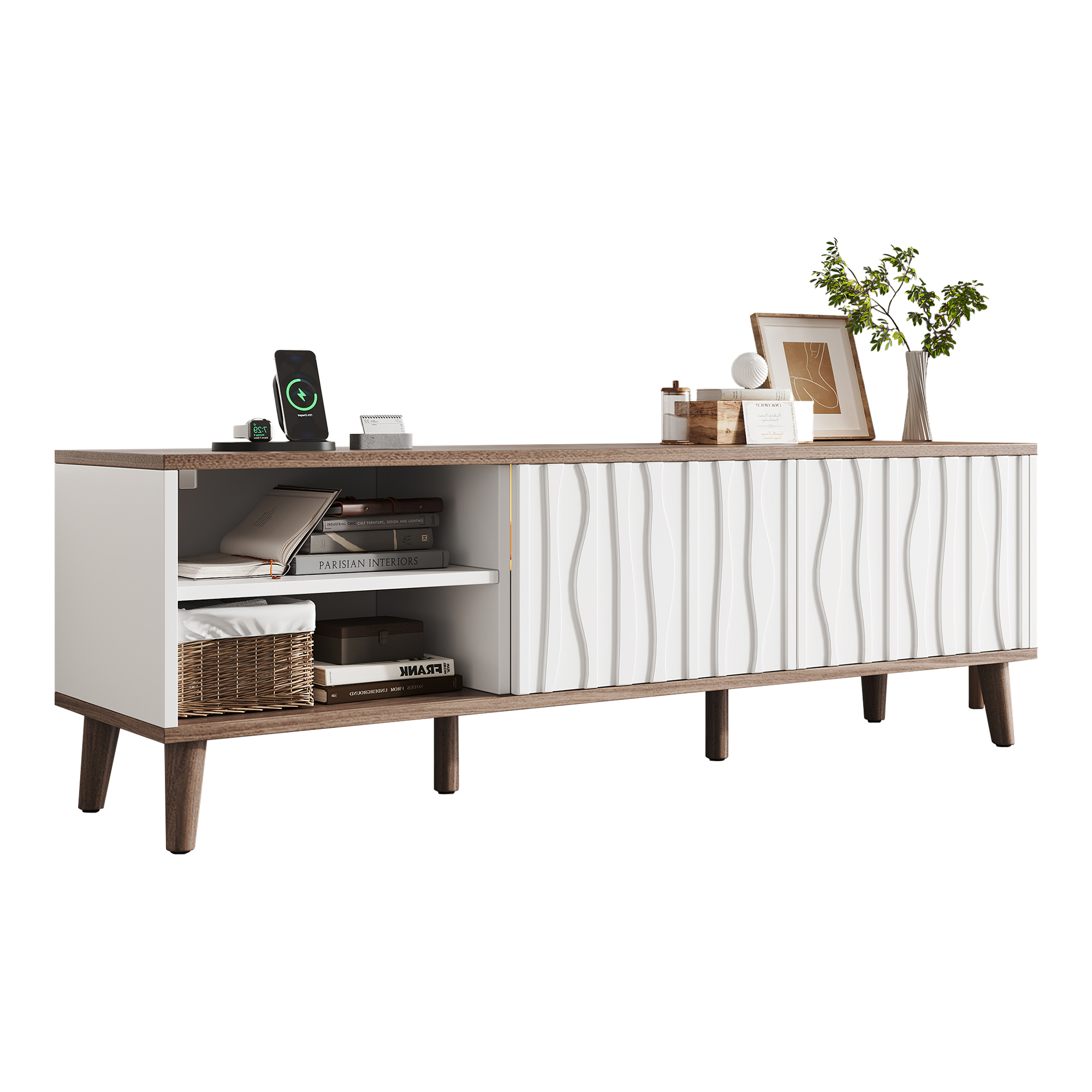 TV-taso 160x40x52 cm valkoinen ja pähkinävärinen MDF lastulevy säilytyksellä ja liukuovilla