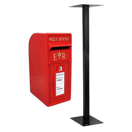 Punainen Royal Mail -postilaatikko jalustalla