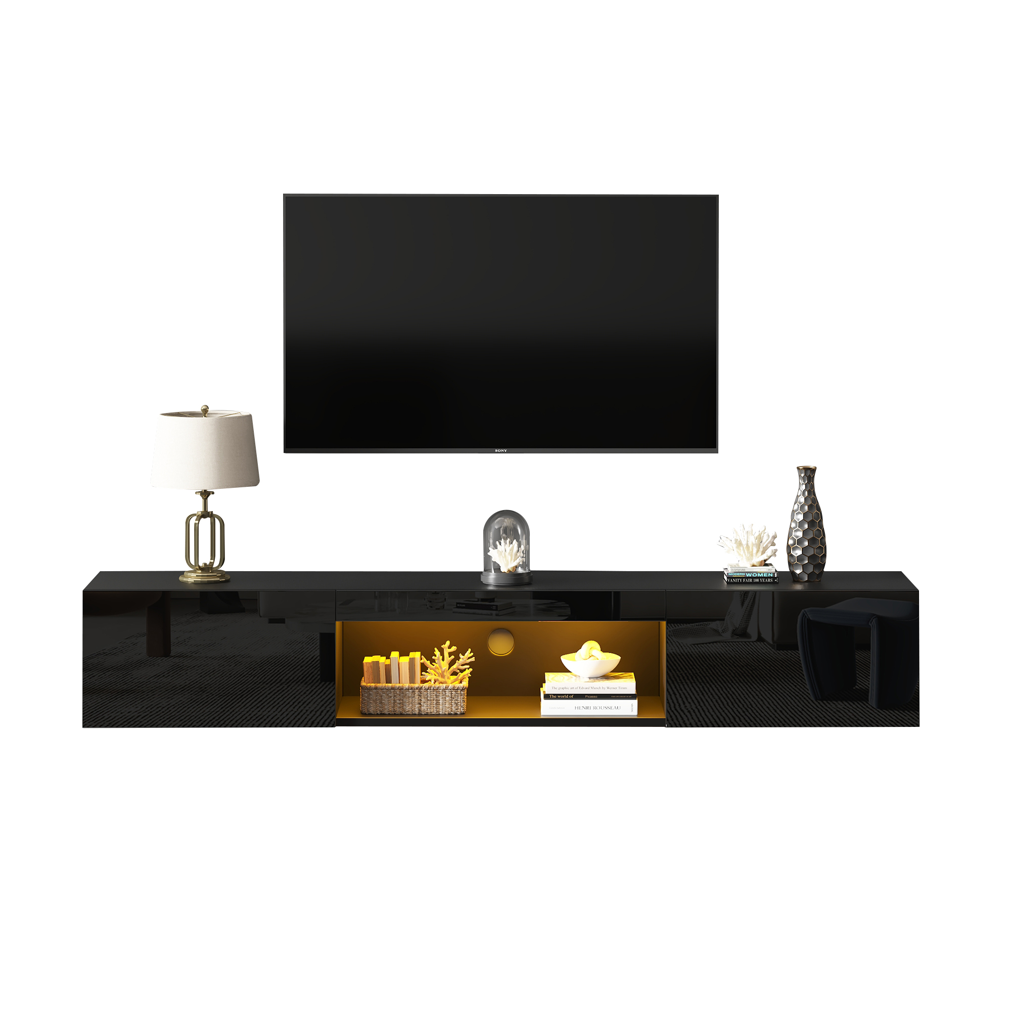 TV-taso seinäkiinnityksellä 160x31x22 cm musta MDF säilytyksellä ja LED-valaistuksella
