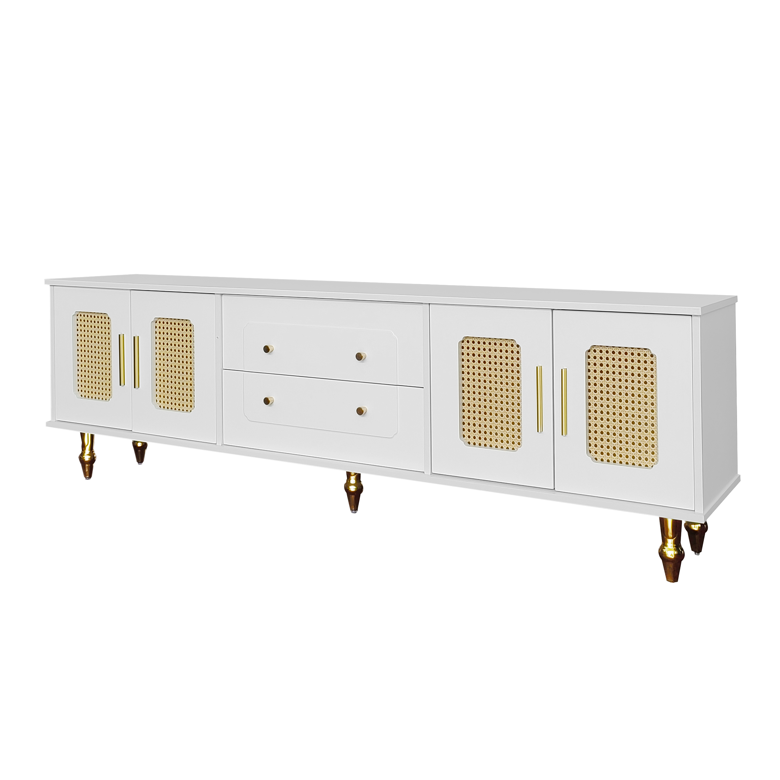 TV-taso 175x38x55,5 cm valkoinen lastulevy säilytyksellä ja rattan-ovilla