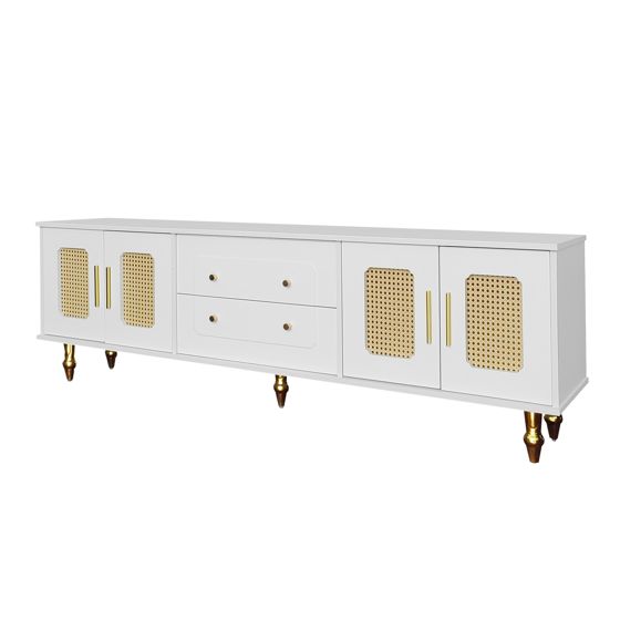 TV-taso 175x38x55,5 cm valkoinen lastulevy säilytyksellä ja rattan-ovilla