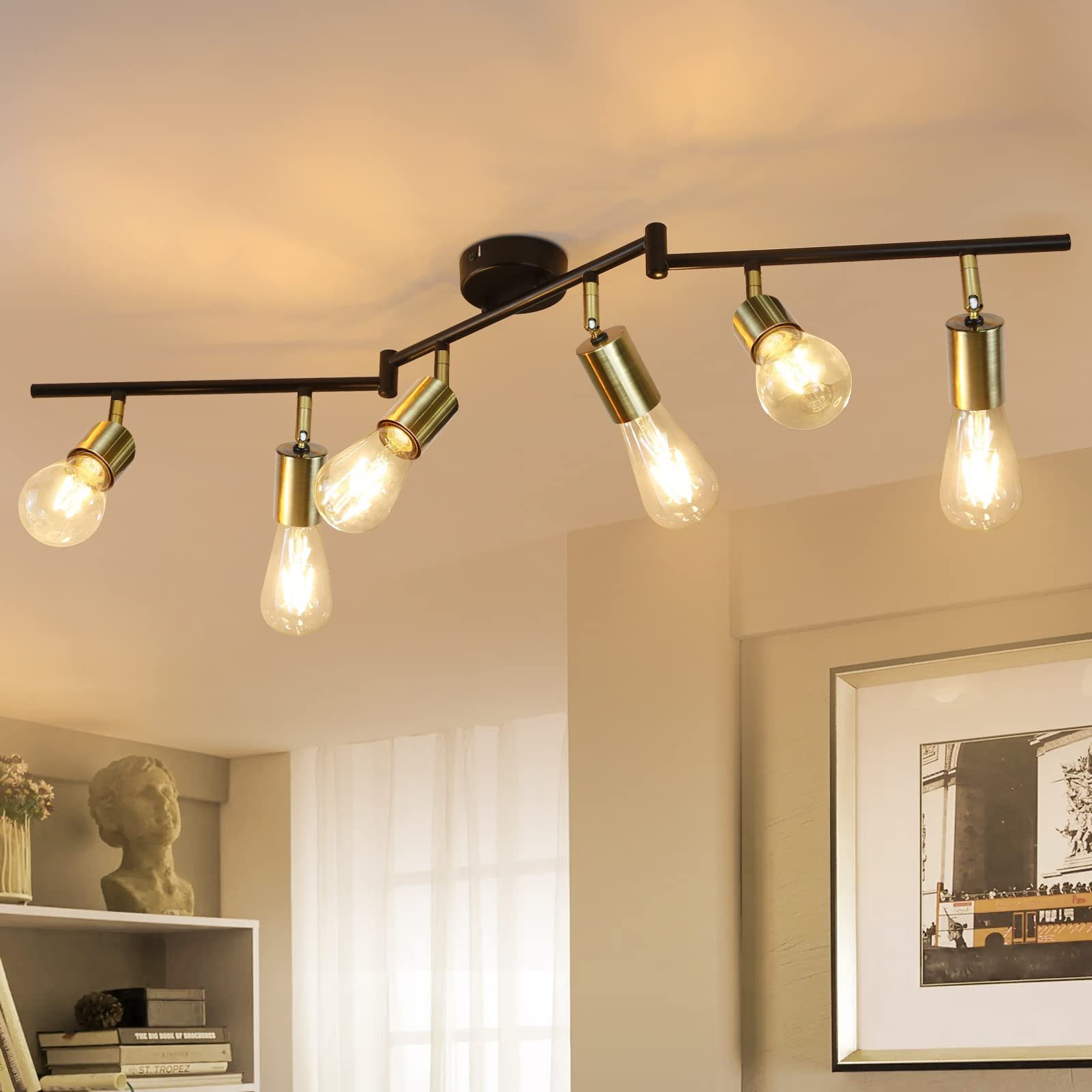 NETTLIFE 6- lamppuinen kattokohdevalaisin E27 retro vintage kultainen metallinen kääntyvä kattovalaisin makuuhuoneeseen 25 W (polttimot eivät sisälly)