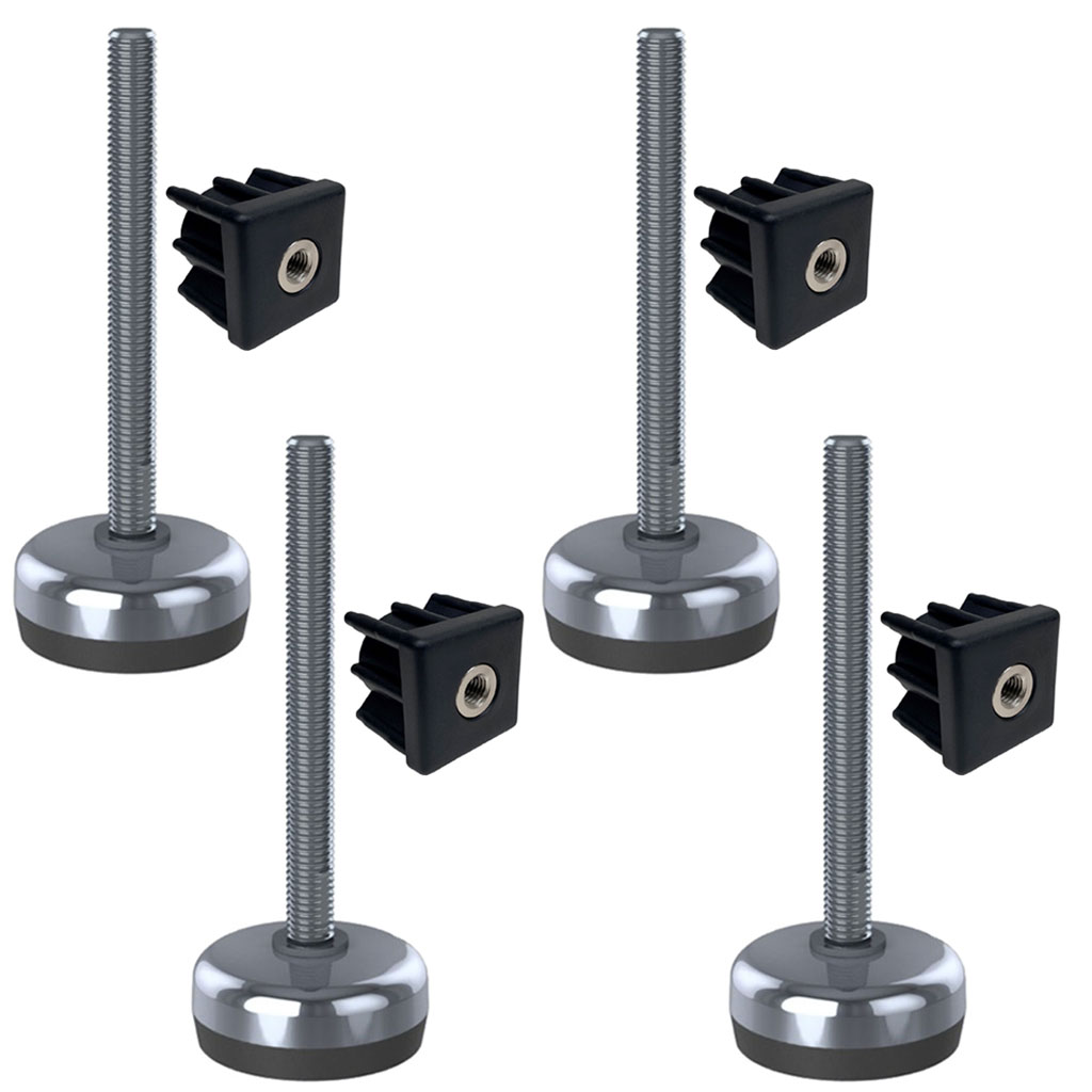 Ruostumaton teräsjalka M10x100, 50 mm:n pohja, kumityyny + sisäosa 40x40x1, 5 mm – 4 kpl:n sarja