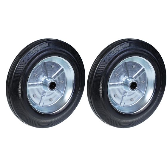 250 mm:n (10 tuuman) musta kumipyörä, jossa on puristetusta teräksestä valmistettu 20 mm:n keskiö, 210 kg – sarja