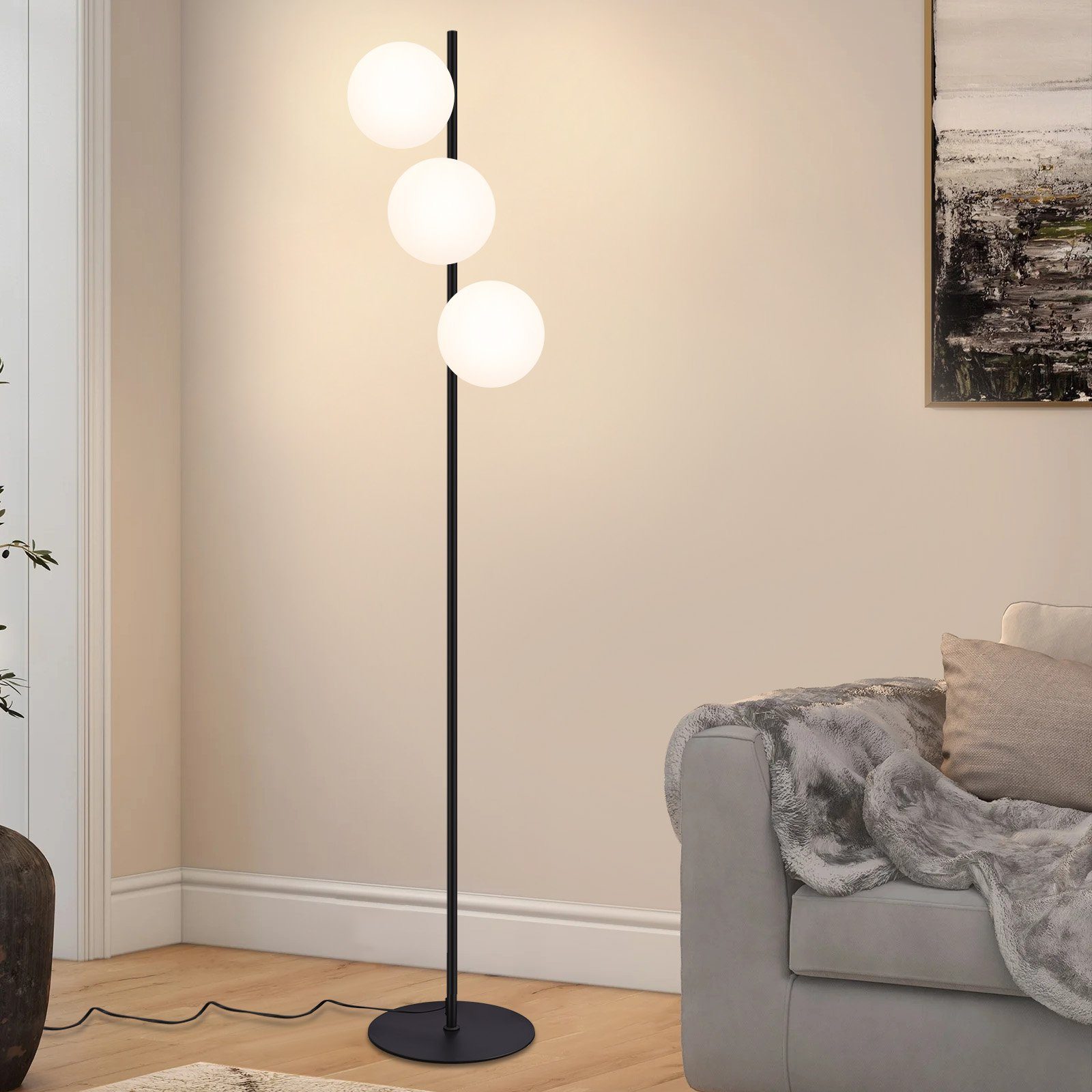 NETTLIFE Musta lattiavalaisin, 3-liekkinen metallinen teollinen vintage-valaisin lasivarjostimilla ja jalkakytkimellä moderniin olohuoneeseen, E27
