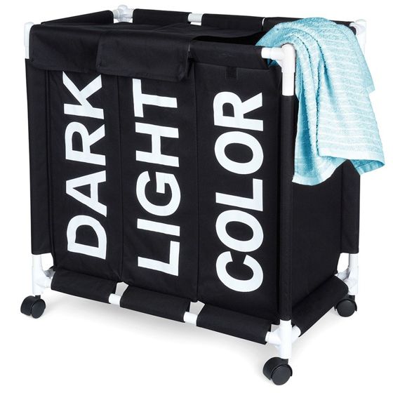 Pyykkikori pyörillä, kolmilokeroinen, 137 l