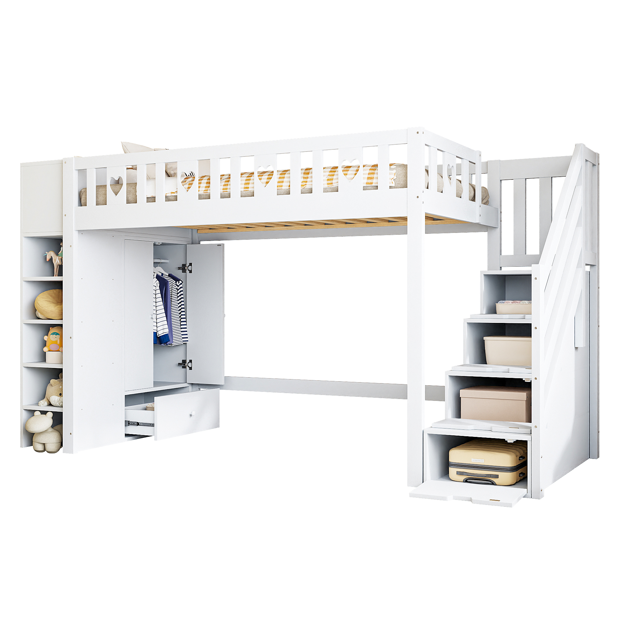 Play Loft Sänky, 90x200cm, Säilytystikkaat Hyllyt Sydänkaide, Valkoinen