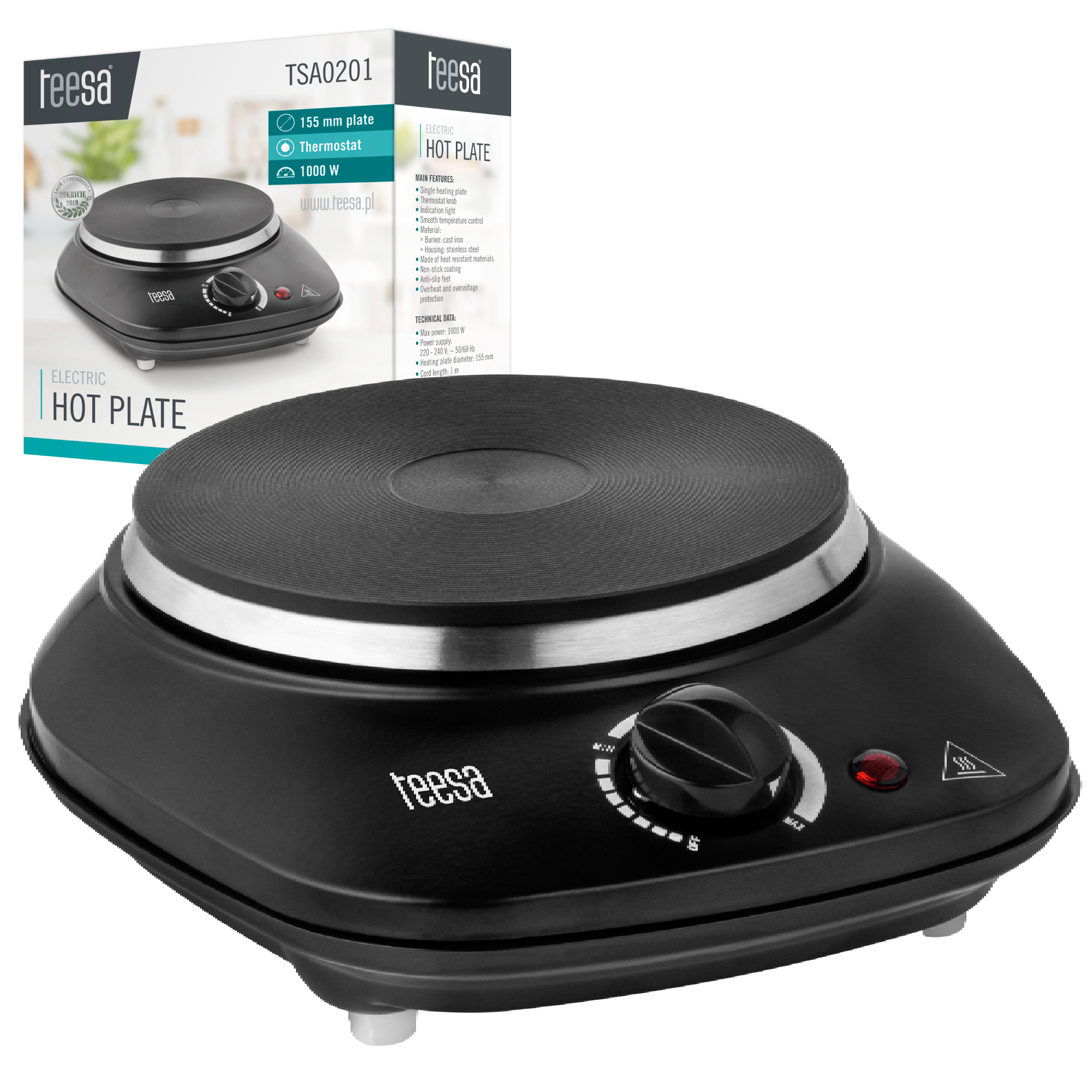 Teesa 1000W sähköliesi yhdellä polttimella