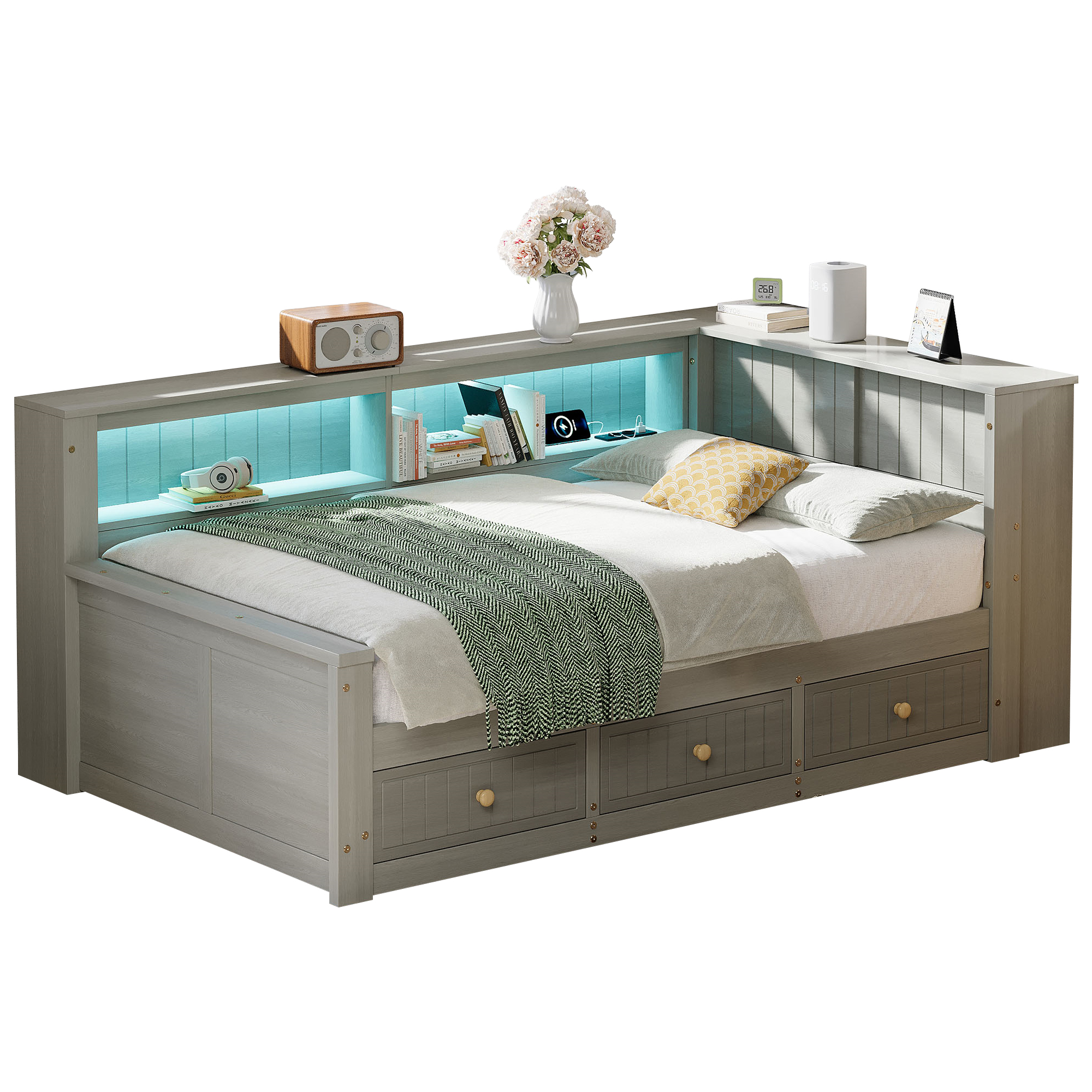 Parvisänky, 90x200 cm, puu, hyllyt, 3 laatikkoa, harmaa