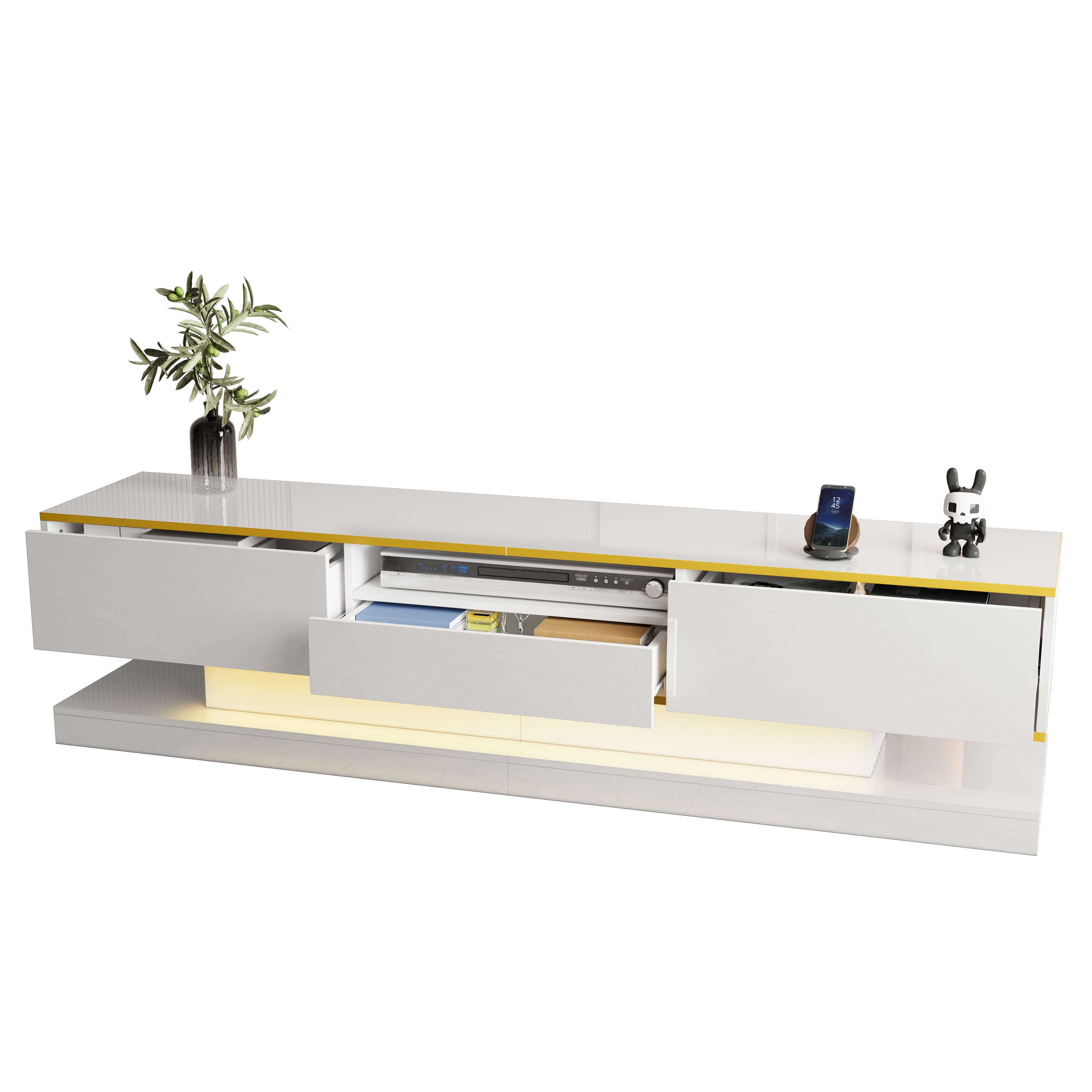 TV-taso 180x38x45 cm valkoinen kultainen lastulevy säilytyksellä ja LED-valaistuksella