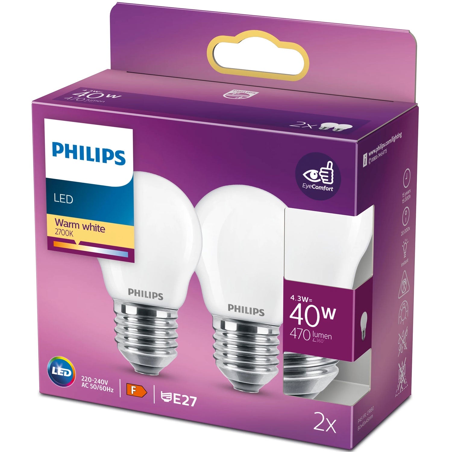 2 kpl LED E27 P45 Globe 40W Frost 470lm