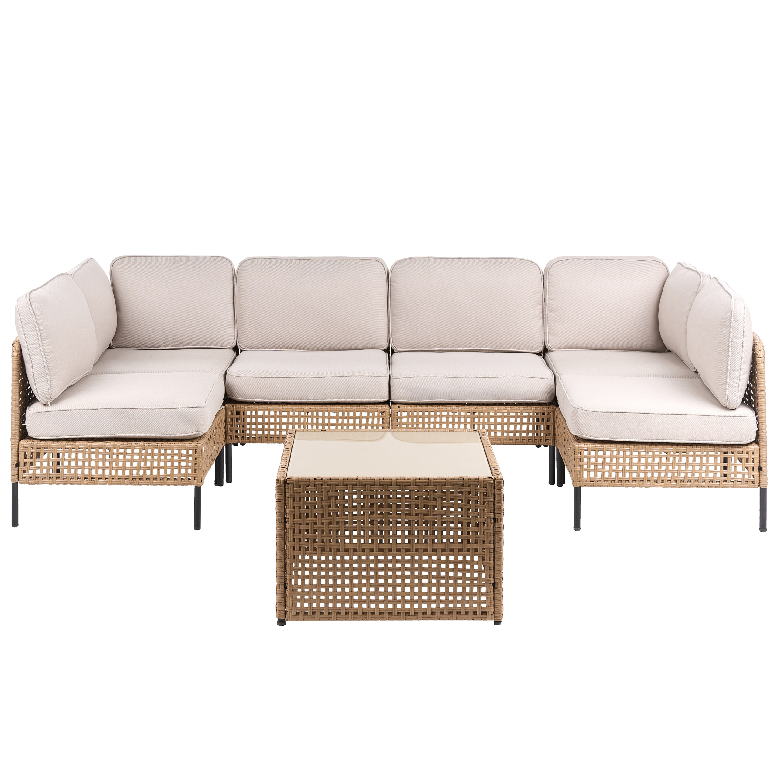 U-ulkosohva 6-istuttava OMEGANA modulaarinen Polyrottinki Vaaleanbeige