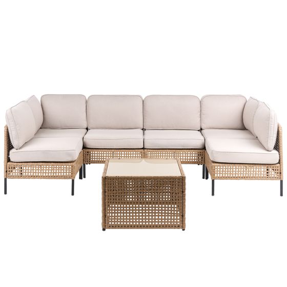 U-ulkosohva 6-istuttava OMEGANA modulaarinen Polyrottinki Vaaleanbeige