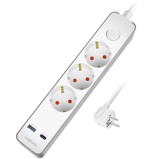 Jatkojohto 3-osainen + USB-A/USB-C PD 20W, 1.4m, valkoinen