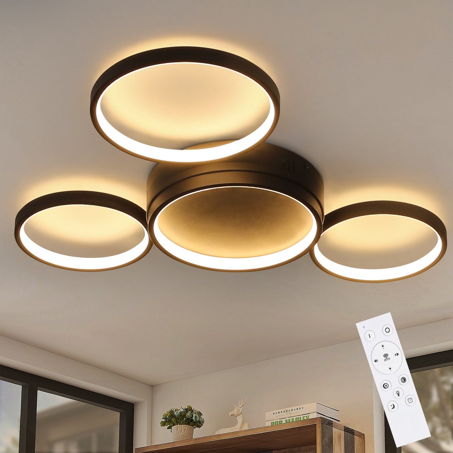 NETTLIFE musta LED - kattovalaisin, himmennettäväKaukosäätimellä, moderni muotoilu, 4 rengasta, 52W alumiininen