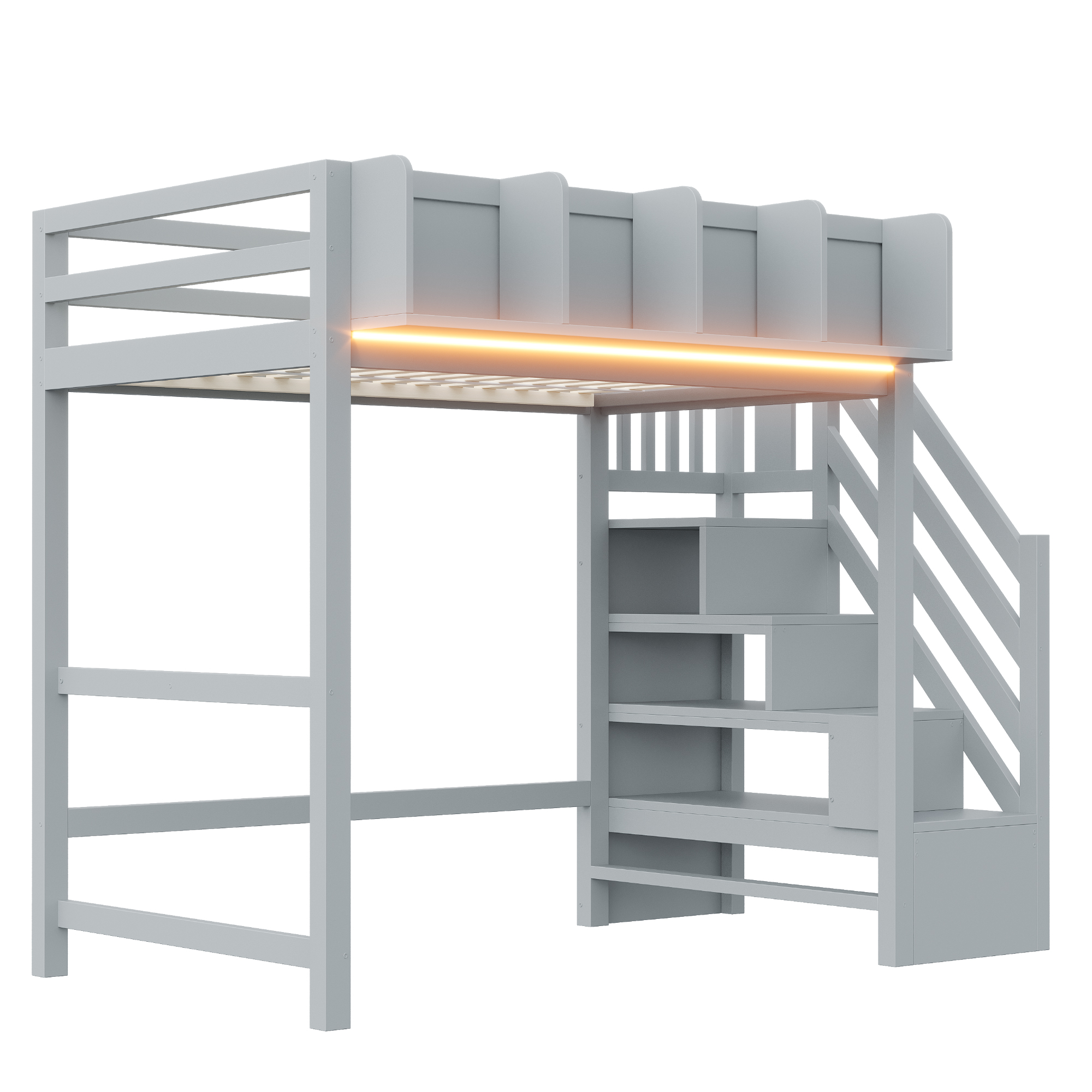 sänky 90x200 cm turva-aidat säilytystila LED-valaistus harmaa puinen