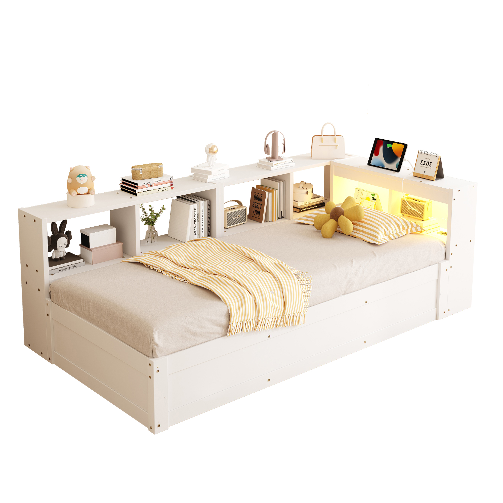 sänky 90x200 cm säädettävä hydraulinen sängynrunko LED-valaistus säilytystila valkoinen MDF