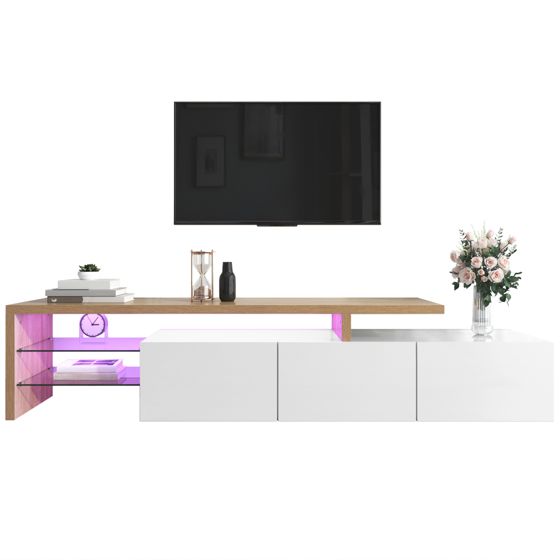 TV-taso 197,5x39x42 cm natural+white MDF lasiböden LED-valaistu