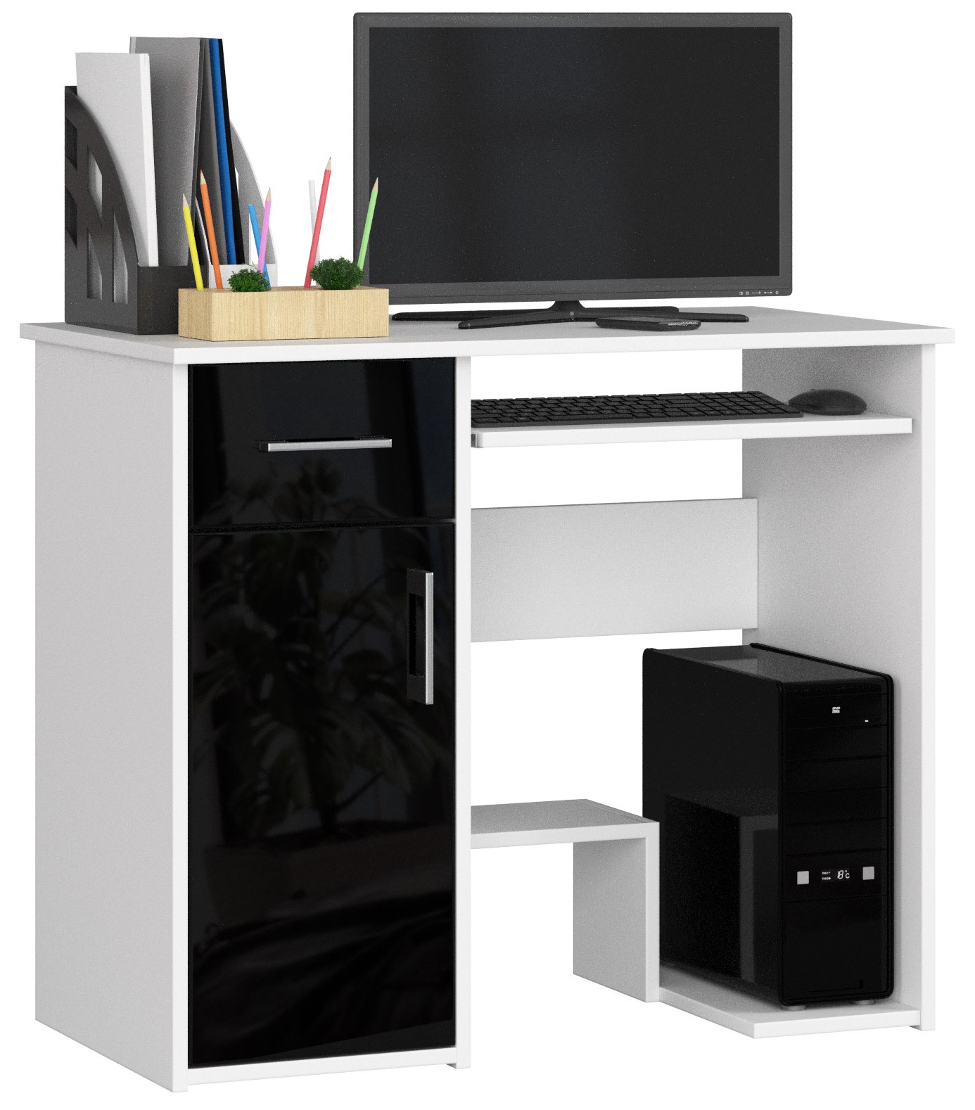 Akord Kirjoituspöytä Pin 1 laatikko 1 kaappi vasen Valkoinen/Musta Korkeakiilto 90x50x74