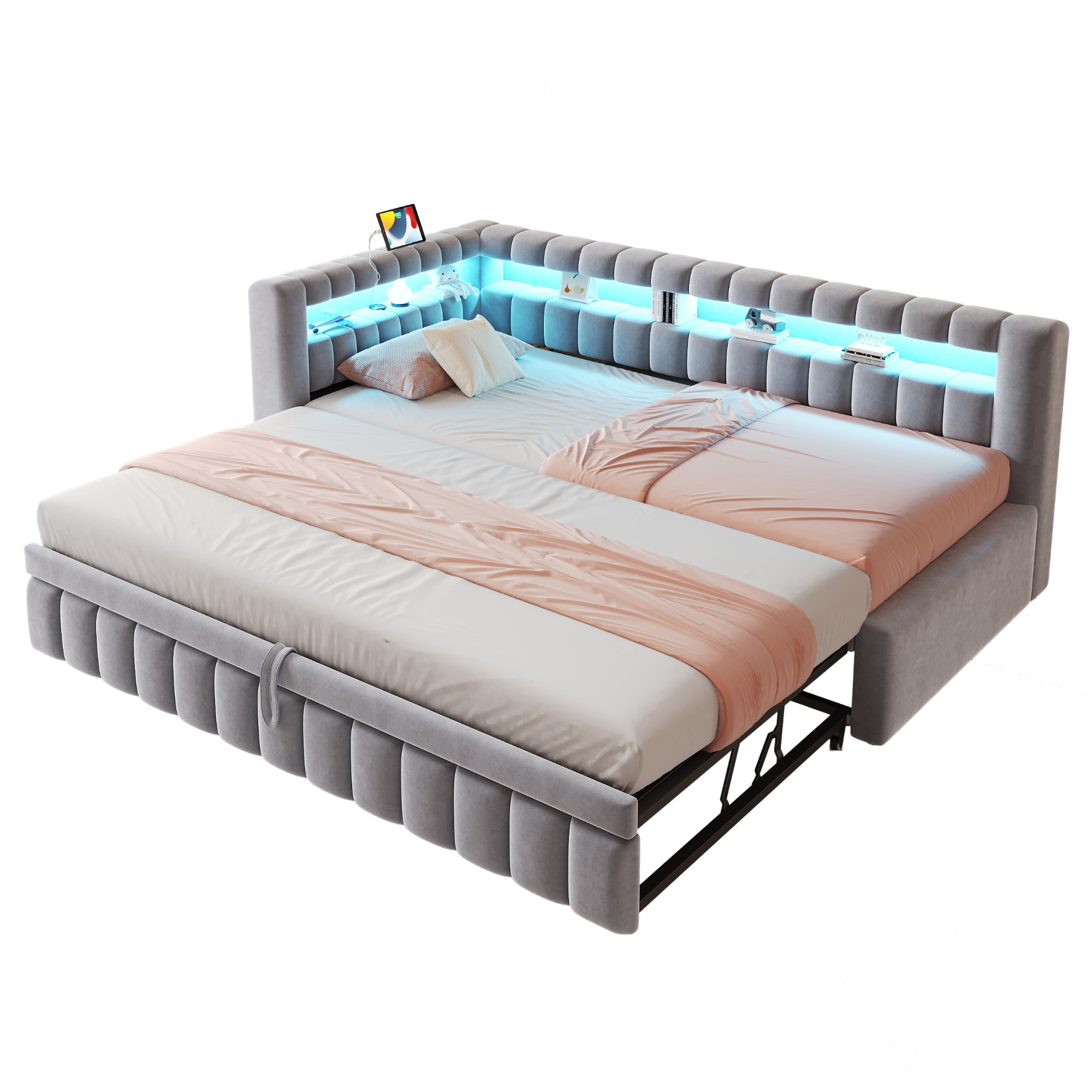 sänky 90x200 cm LED-valaistus säilytystila USB-lataus liukusametti hellgraa