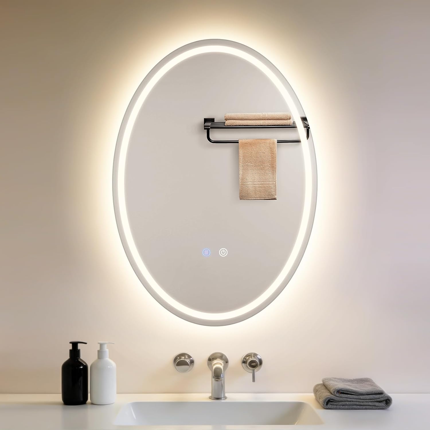 NETTLIFE Soikea LED-kylpyhuoneen peili 50x70cm, Kosketusohjaus, Huurtumaton, Himmennettävä 3000-6500K, IP44 Valaistu peili