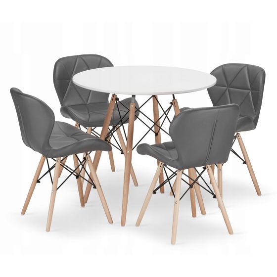 TODI 80 pyöreä pöytä, 4 LAGO-tuolia harmaa, valkoinen