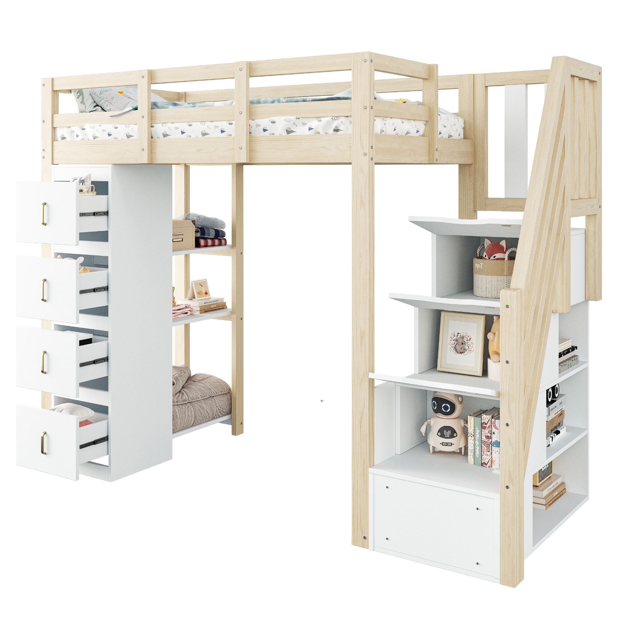 Hochbett 90x200 cm säilytystilaan laatikot ja kolmitasoinen hylly, turva-aidat, puinen, luonnonpuun väri