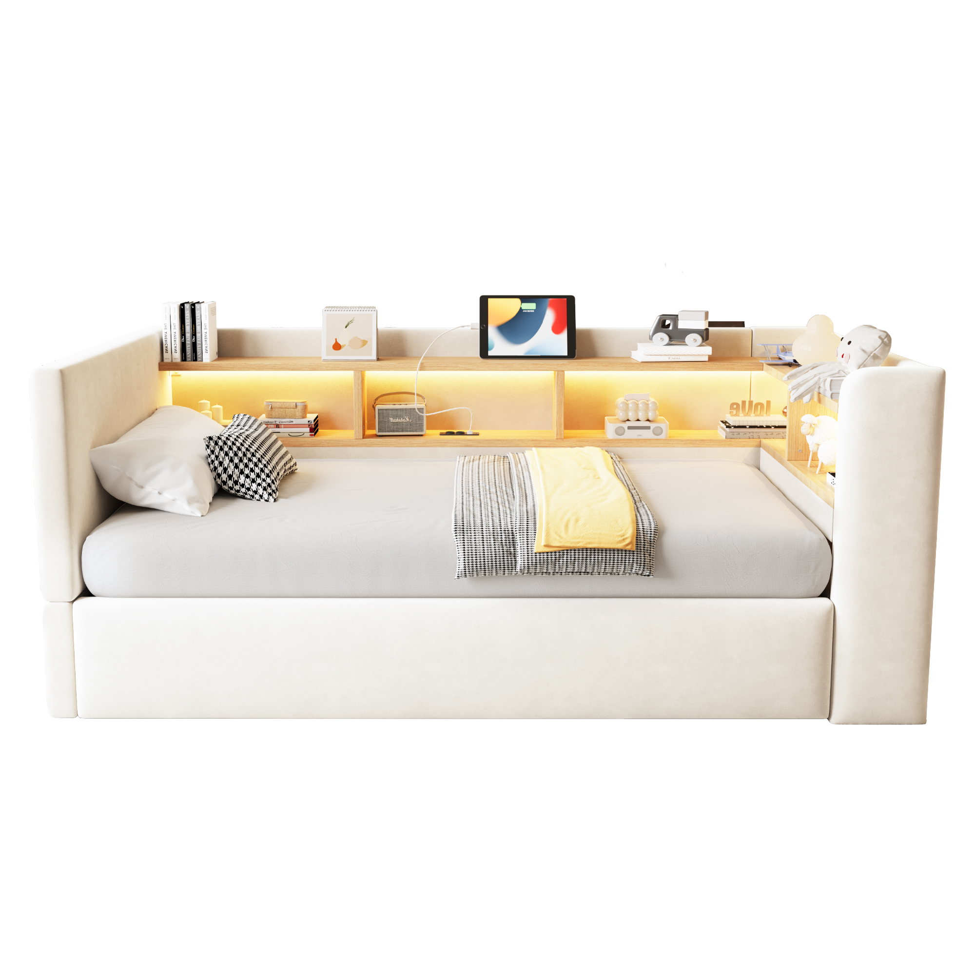 sänky 90x190 cm LED-valaistus säilytystila hydraulinen laatikko beige flannelette