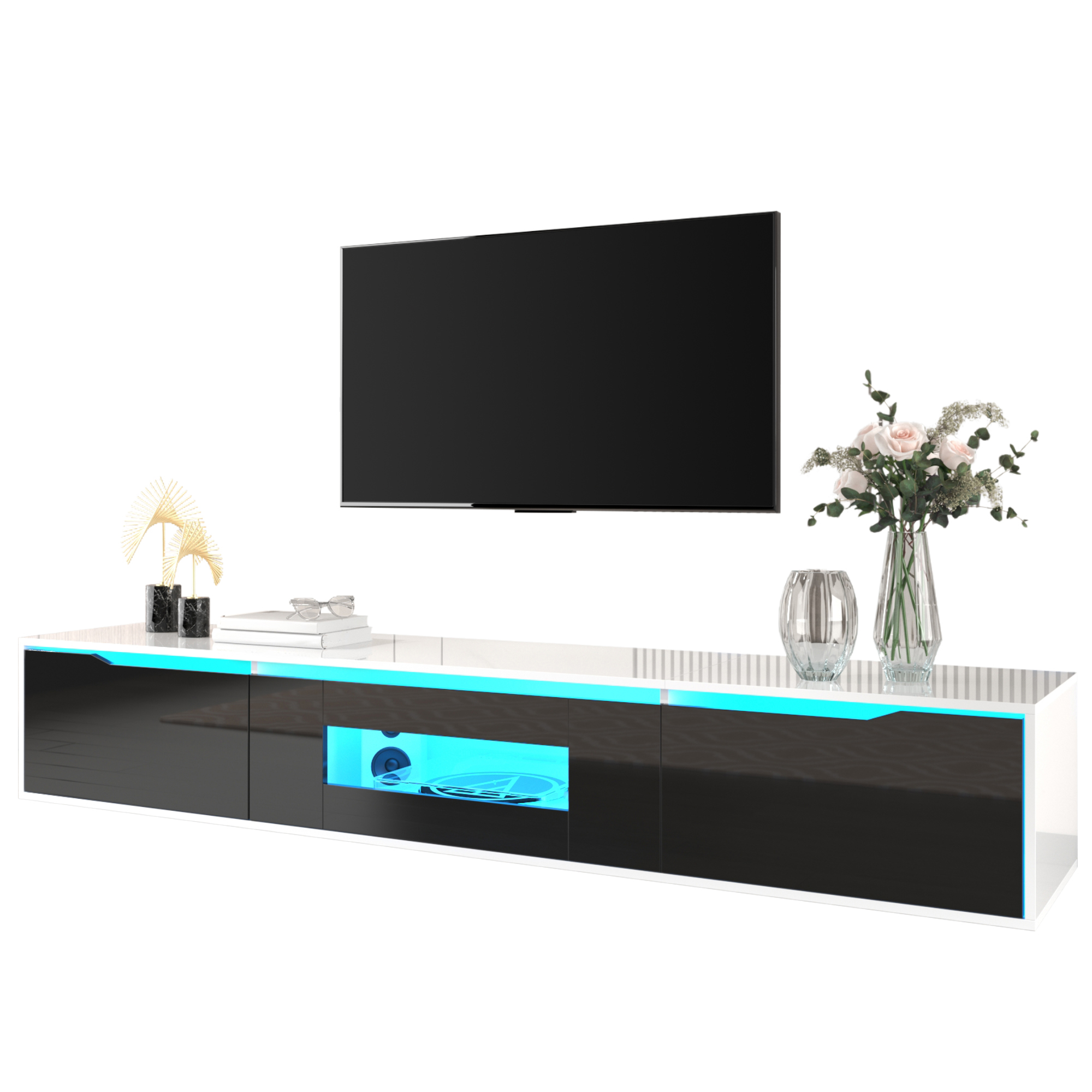 TV-taso 180x35x30 cm valkoinen lastulevy säilytyksellä ja LED-valaistuksella