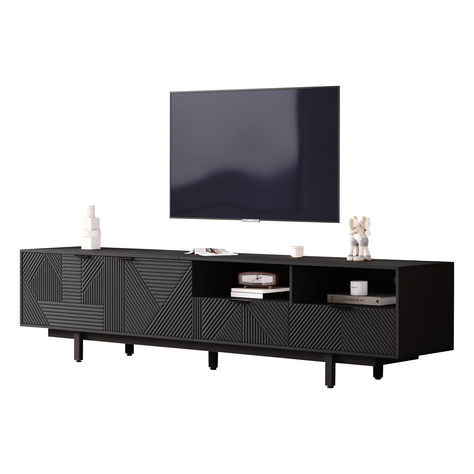 TV-taso 200x40x51 cm musta lastulevy säilytyksellä ja johtoaukoilla