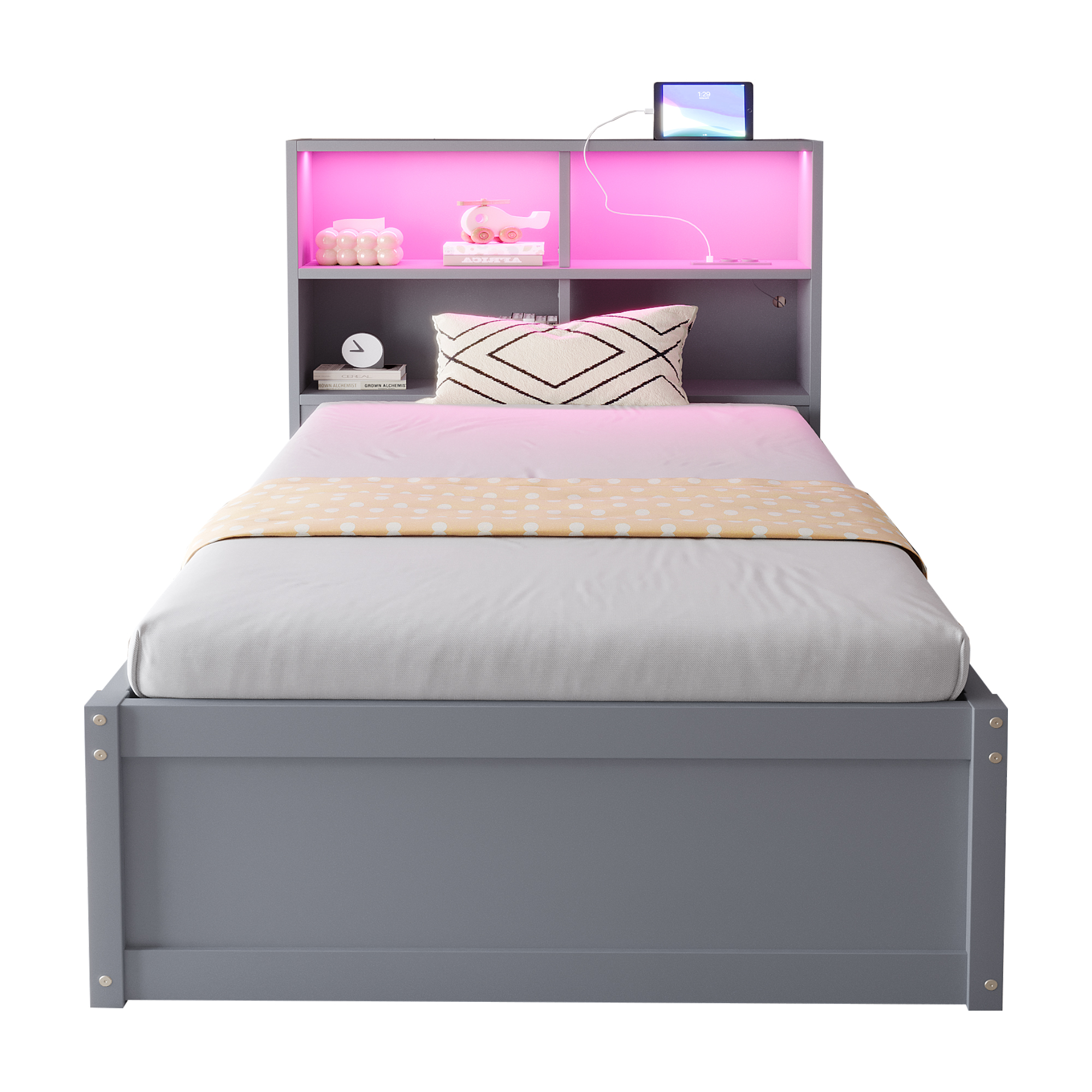 sänky 90x200 cm turva-aidat säilytystila LED-valaistus harmaa puinen