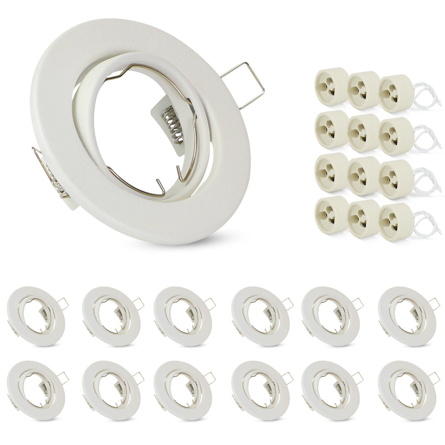 NETTLIFE-setti 12 GU10-kohdevaloa, valkoinen, upotettu runko, 230 V, 50 mm, metallipistorasiat, 30°, säädettävä LED-halogeenille