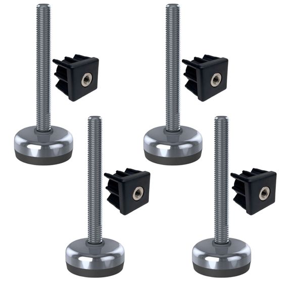 Ruostumaton teräsjalka M12x100, 50 mm:n pohja, kumityyny + sisäosa 40x40x1, 5 mm – 4 kpl:n sarja