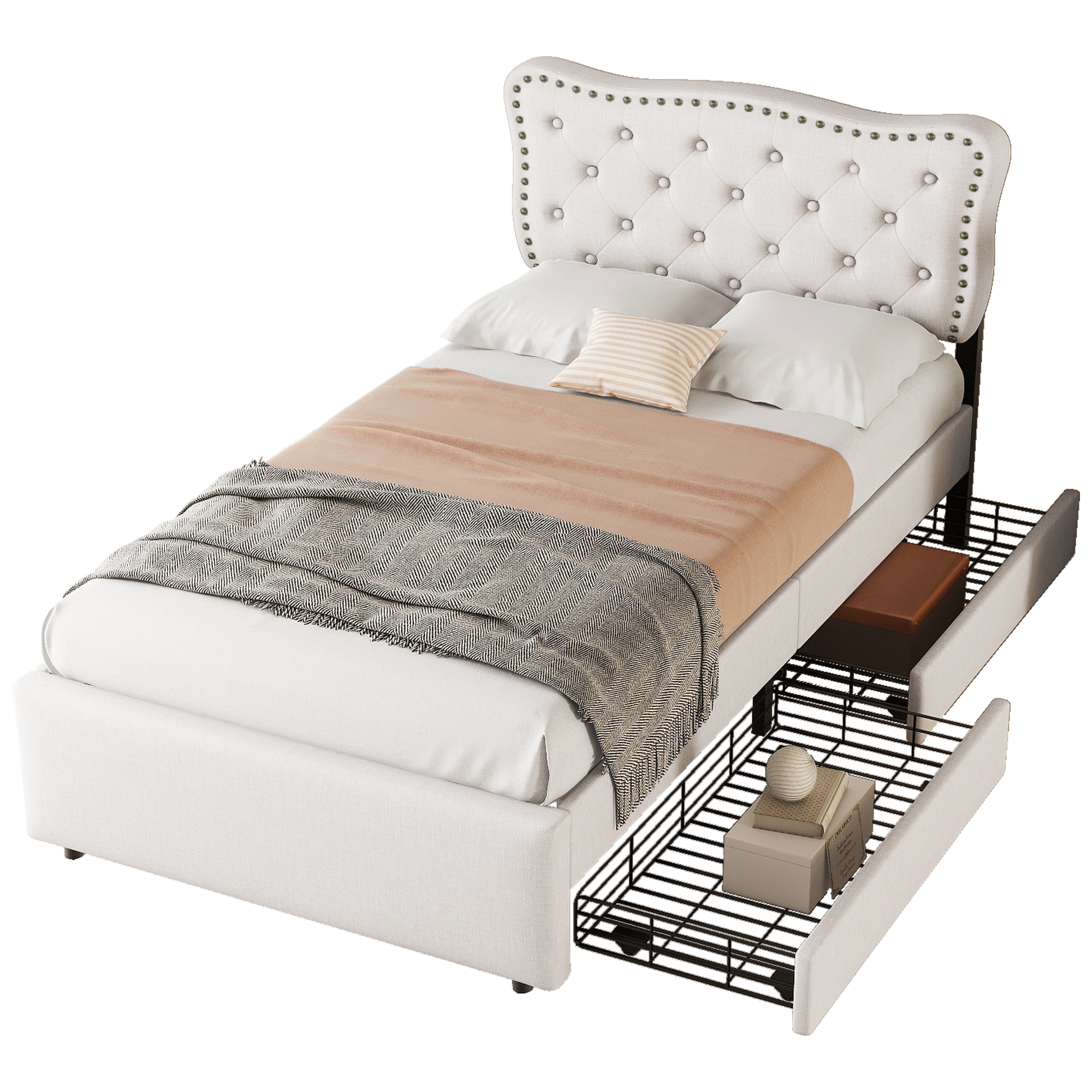 Verhoiltu sänky 90 x 200 cm, yhden hengen sänky kahdella laatikolla, sängynpääty koristeellisilla niiteillä, vaalea beige