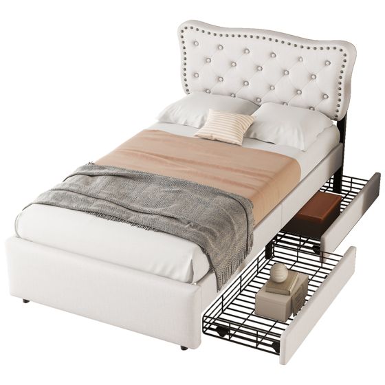 Verhoiltu sänky 90 x 200 cm, yhden hengen sänky kahdella laatikolla, sängynpääty koristeellisilla niiteillä, vaalea beige