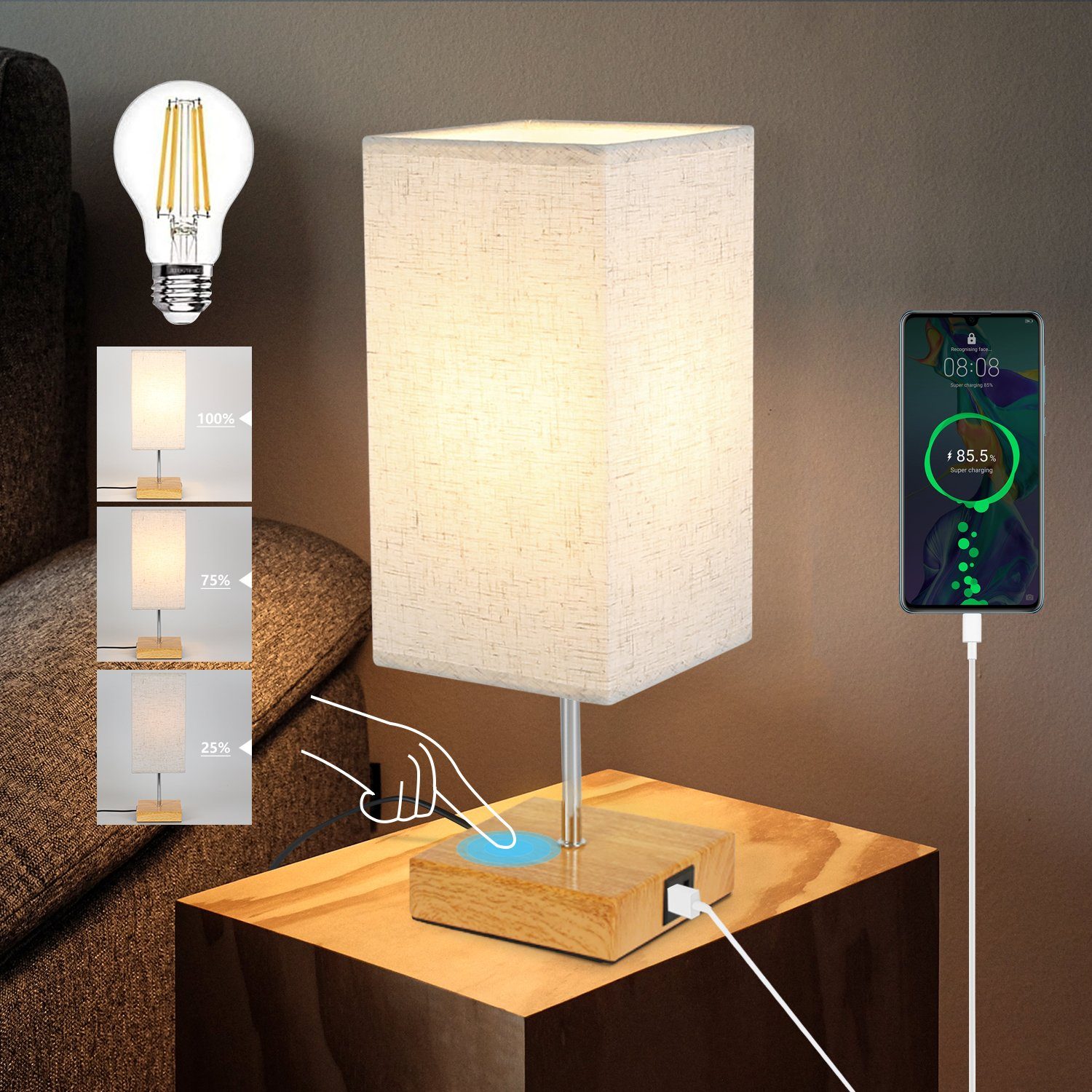 NETTLIFE Vintage USB-himmennettävä Kosketuspöytävalaisin E27, lataustoiminnolla, Type-C-liittimellä, ja USB-latausportilla, ilman polttimoa