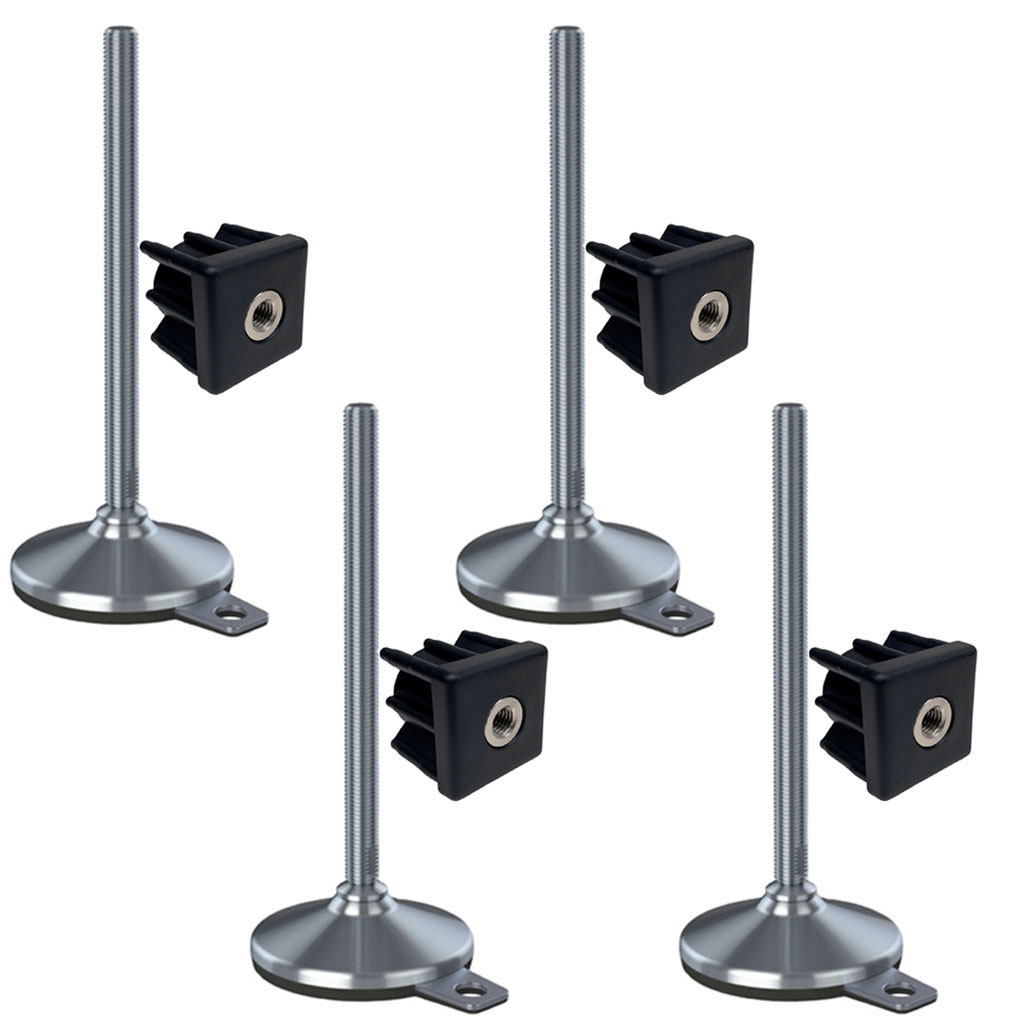 Ruostumaton jalka 16x230x105mm, tyyny ja kiinnitysreikä + insertit 50x50x2.0mm - 4 kpl:n sarja.