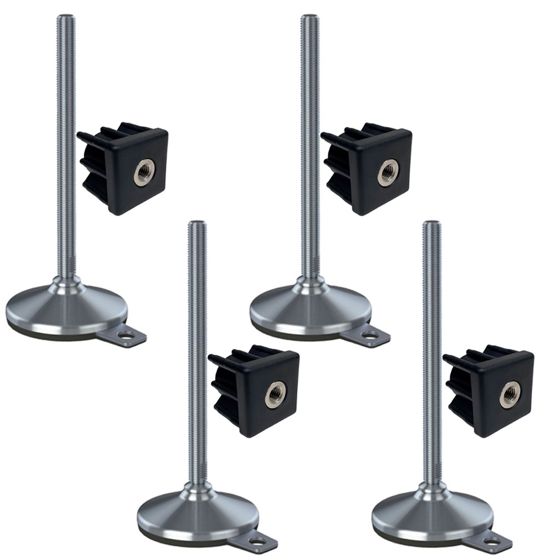 Ruostumaton jalka 16x230x105mm, tyyny ja kiinnitysreikä + insertit 50x50x2.0mm - 4 kpl:n sarja.