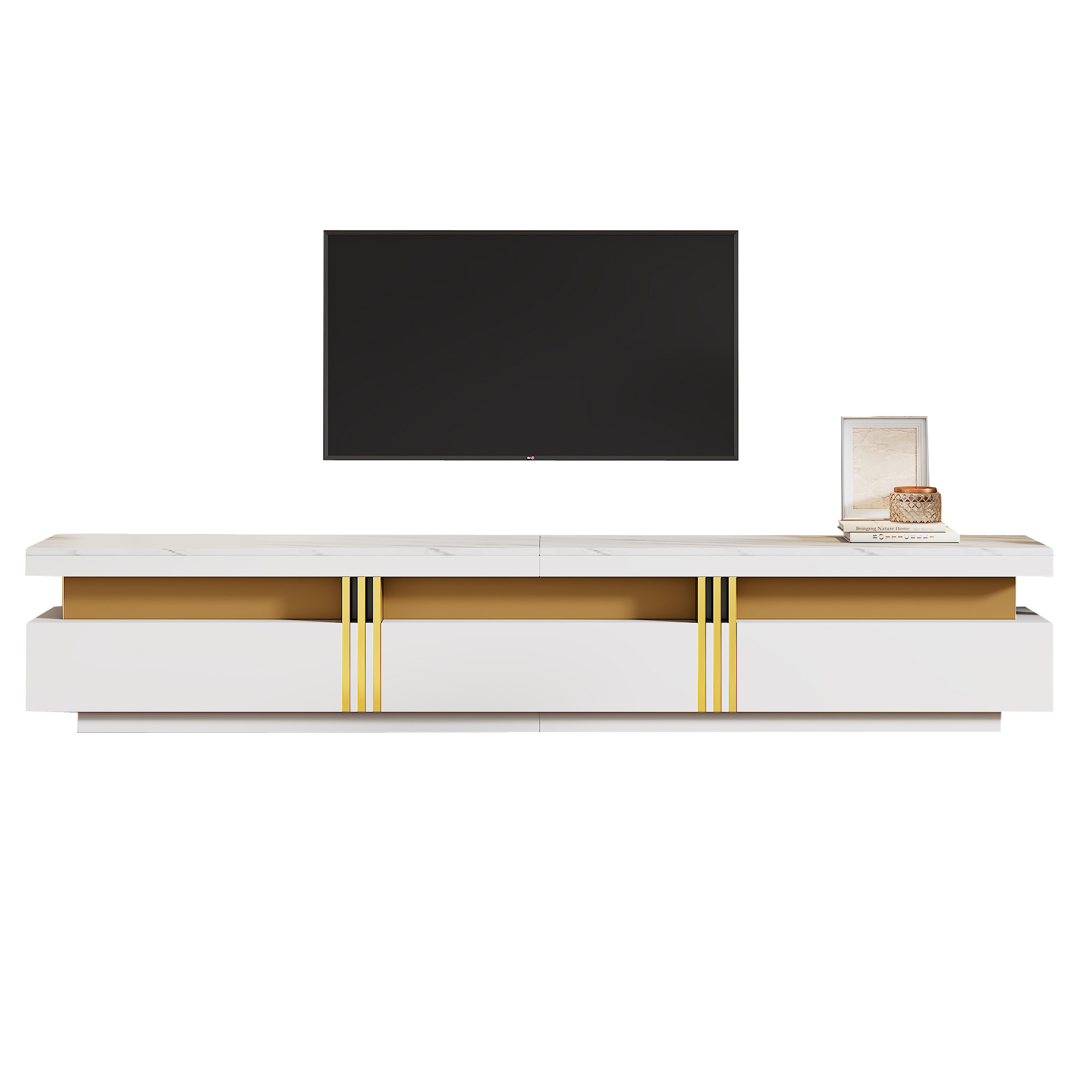 TV-taso 200x40x42 cm valkoinen lastulevy säilytyksellä ja kabeliaukolla