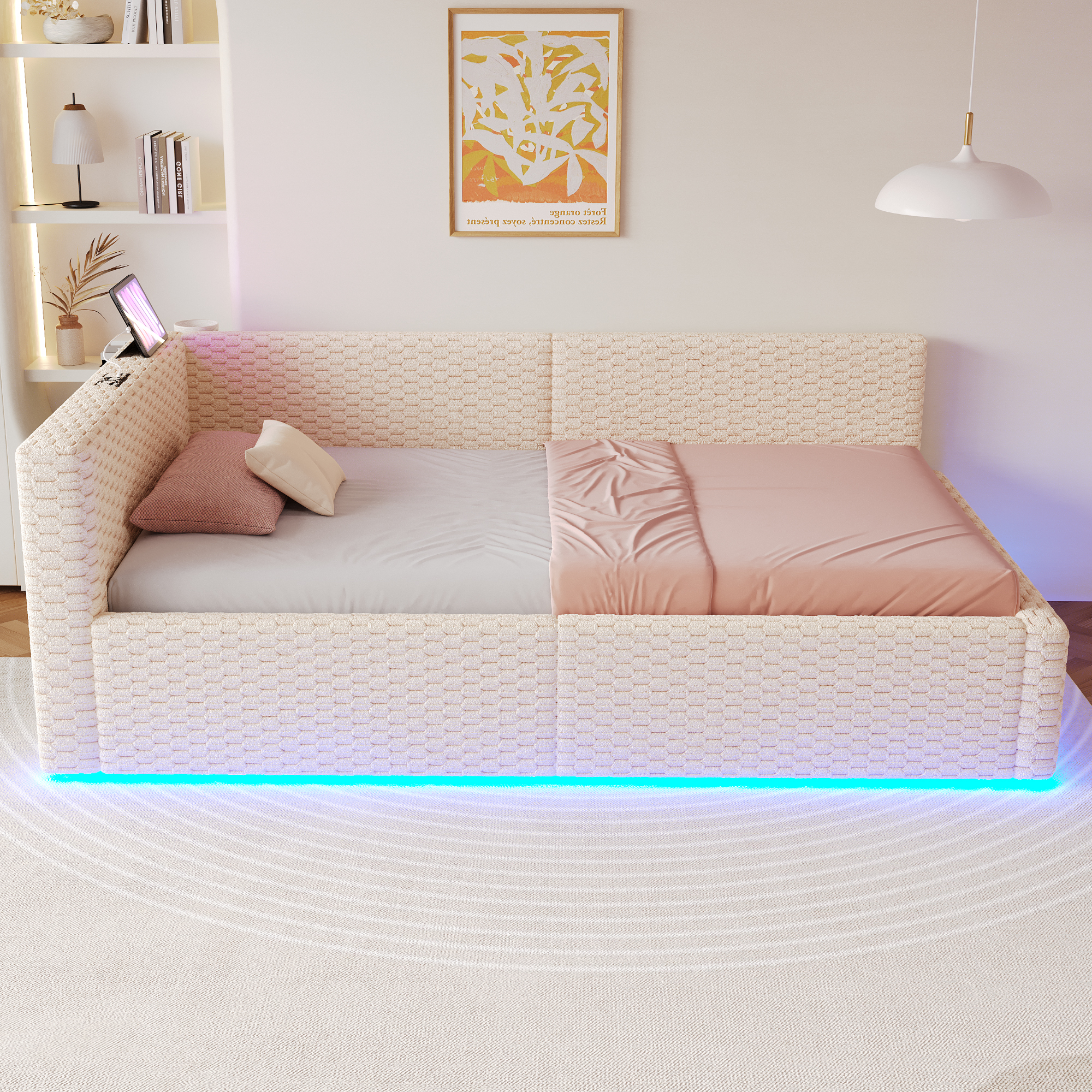 Verhoiltu sänky 90x200, yhden hengen, LED-valoilla, USB-C, 2xUSB, pehmeä selkänoja L, sametti, hydraulinen, beige, ilman mattoa